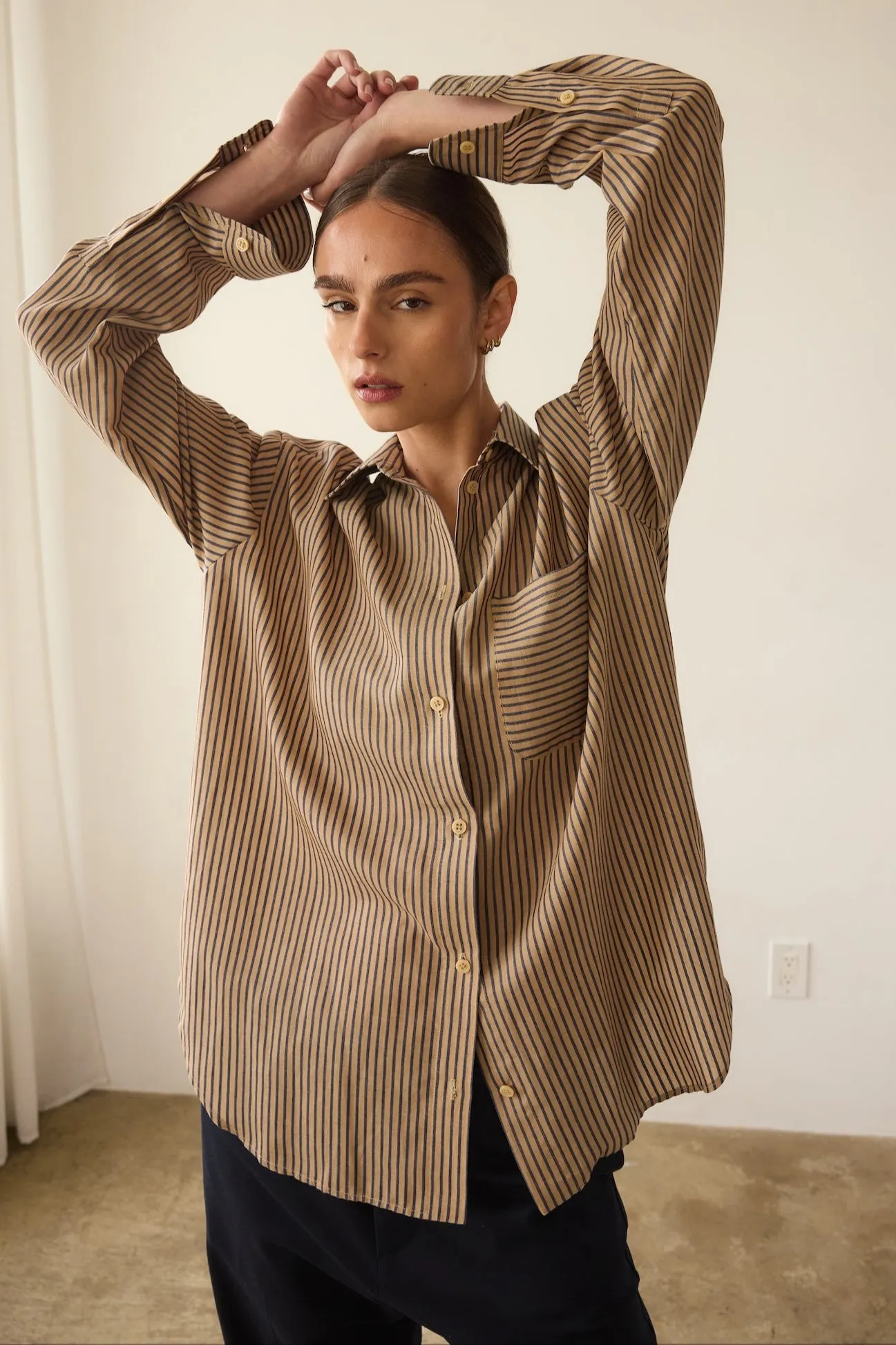 The Stripe Essential Shirt in Tan Stripe sold by Jamie Haller
