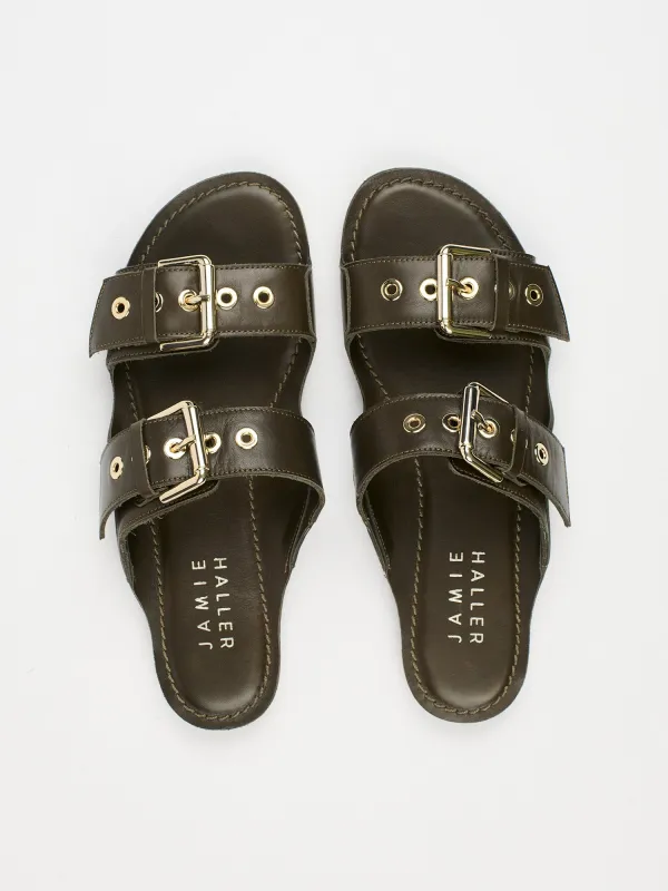 The Double Buckle Slide in Olive sold by Jamie Haller
