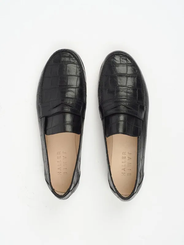 The Penny Loafer in Black Croc sold by Jamie Haller