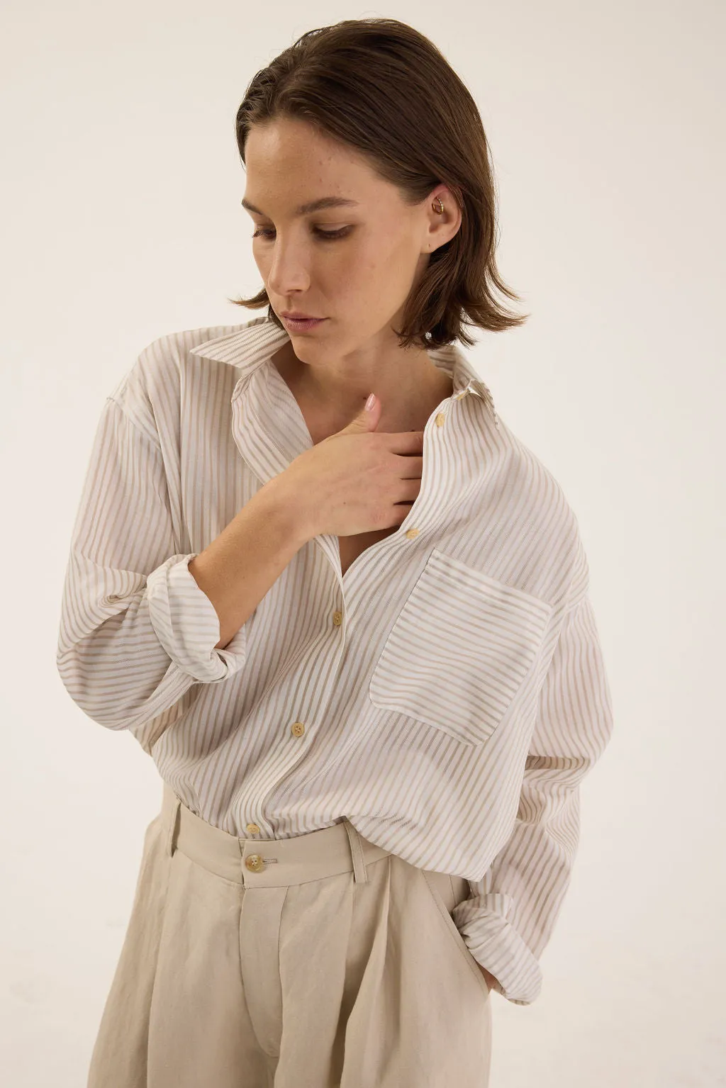 The Stripe Essential Shirt in White Tan sold by Jamie Haller