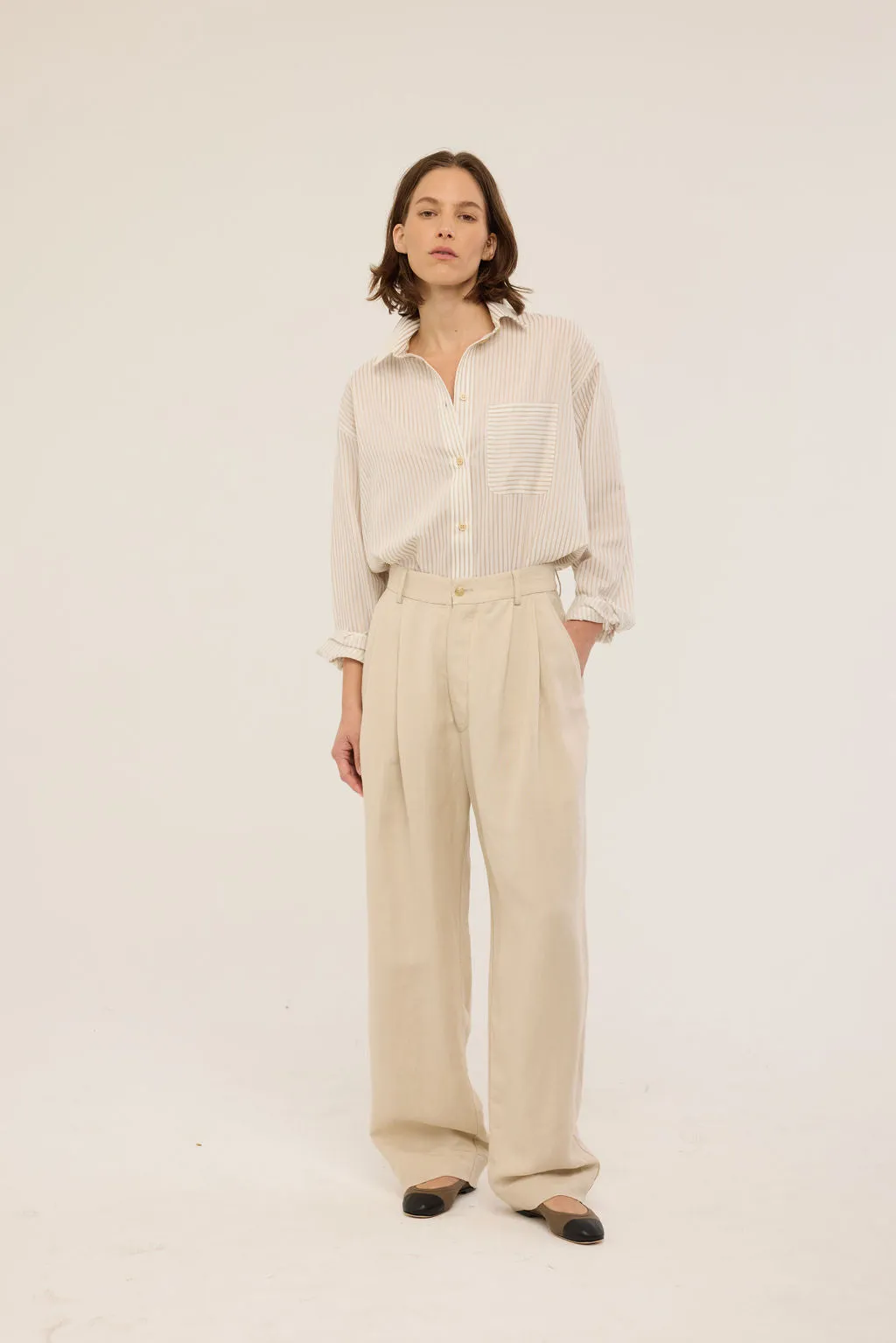 The Big Pleat Trouser in Stone sold by Jamie Haller