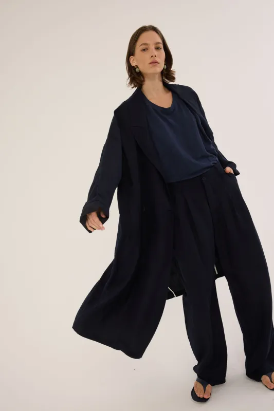 The Linen Baggy Trench Coat in Navy sold by Jamie Haller