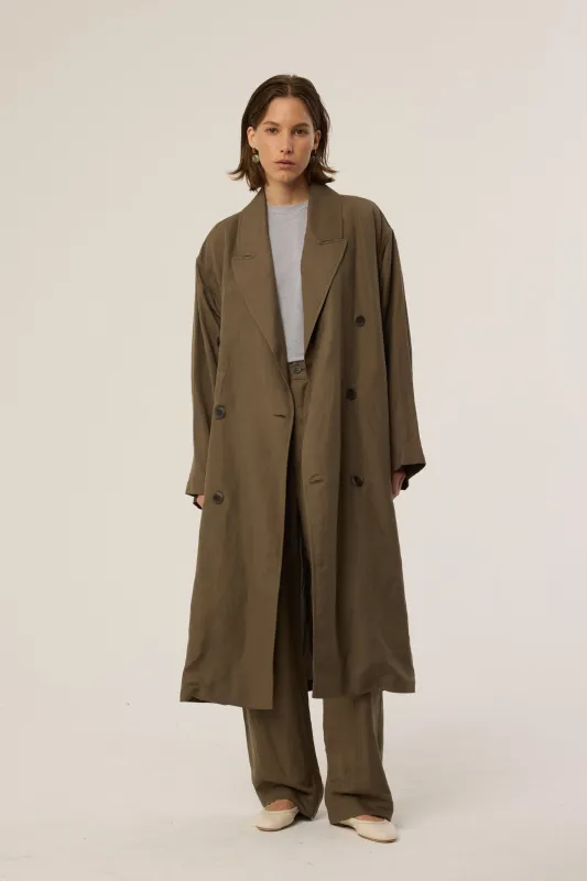 The Linen Baggy Trench Coat in Khaki sold by Jamie Haller