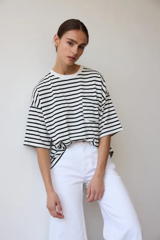 The Boxy Tee in White Black Stripe sold by Jamie Haller