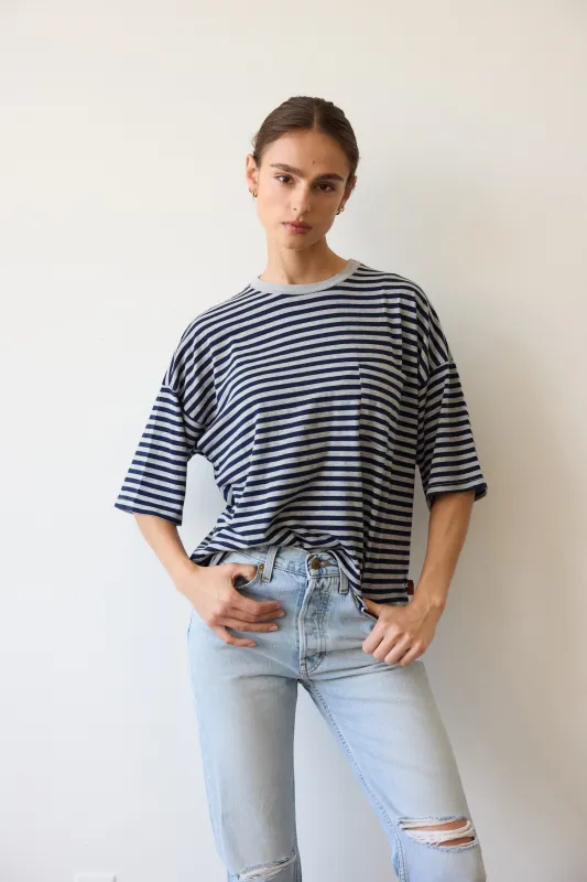 The Boxy Tee in Navy Heather Stripe sold by Jamie Haller