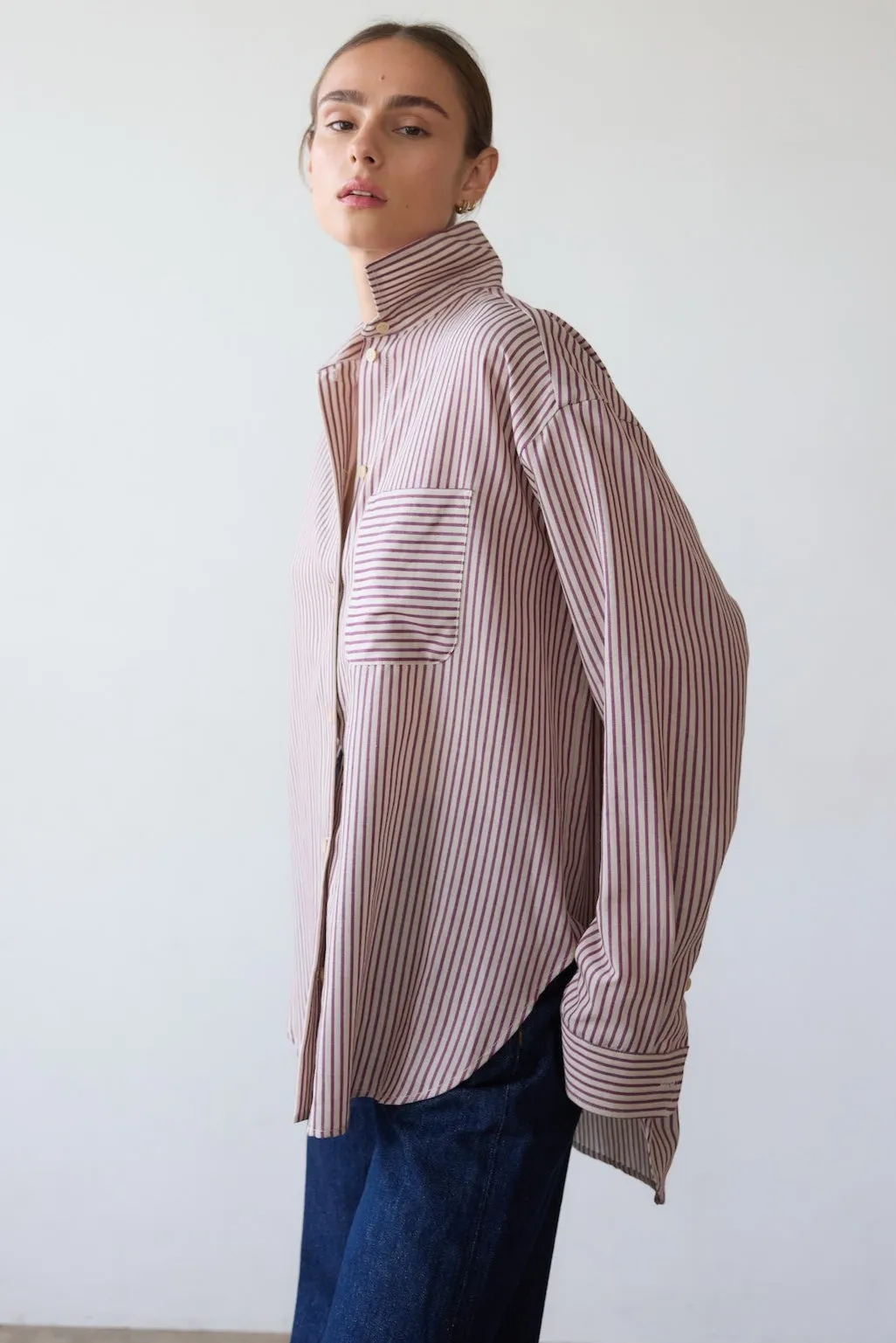 The Stripe Essential Shirt in Burgundy Natural sold by Jamie Haller
