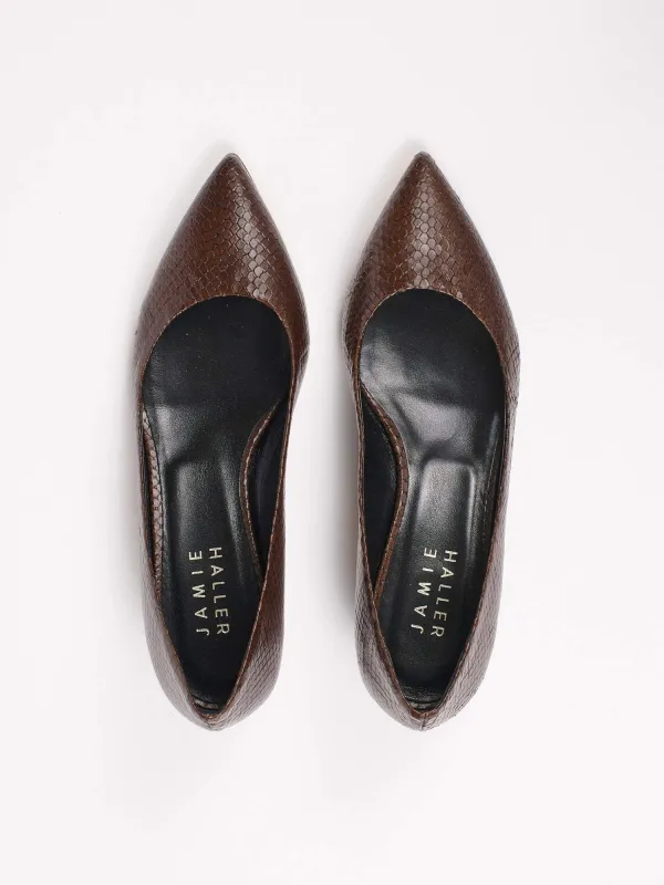 The Kitty Point Heel in Coffee Snake sold by Jamie Haller