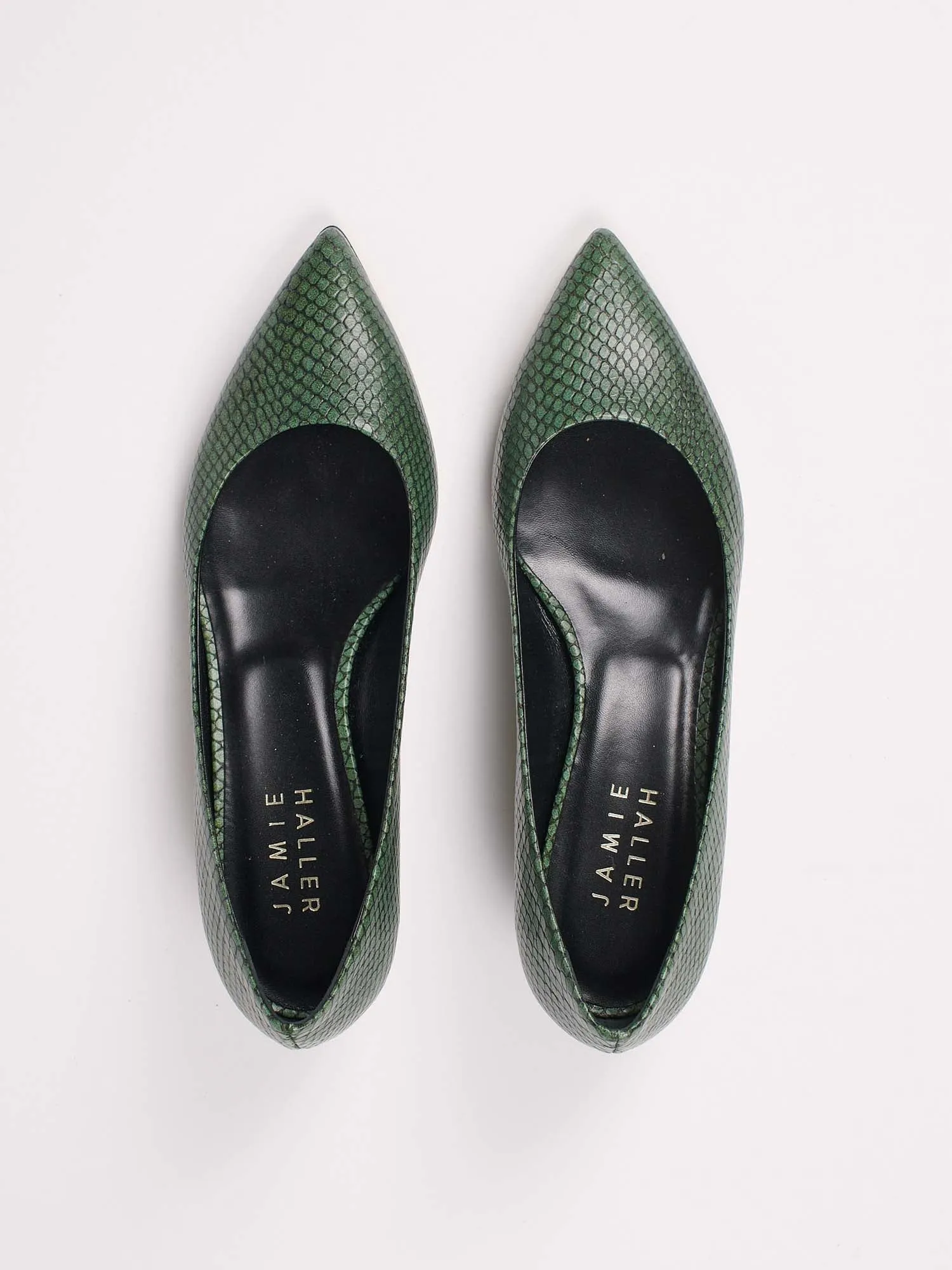 The Kitty Point Heel in Green Snake sold by Jamie Haller