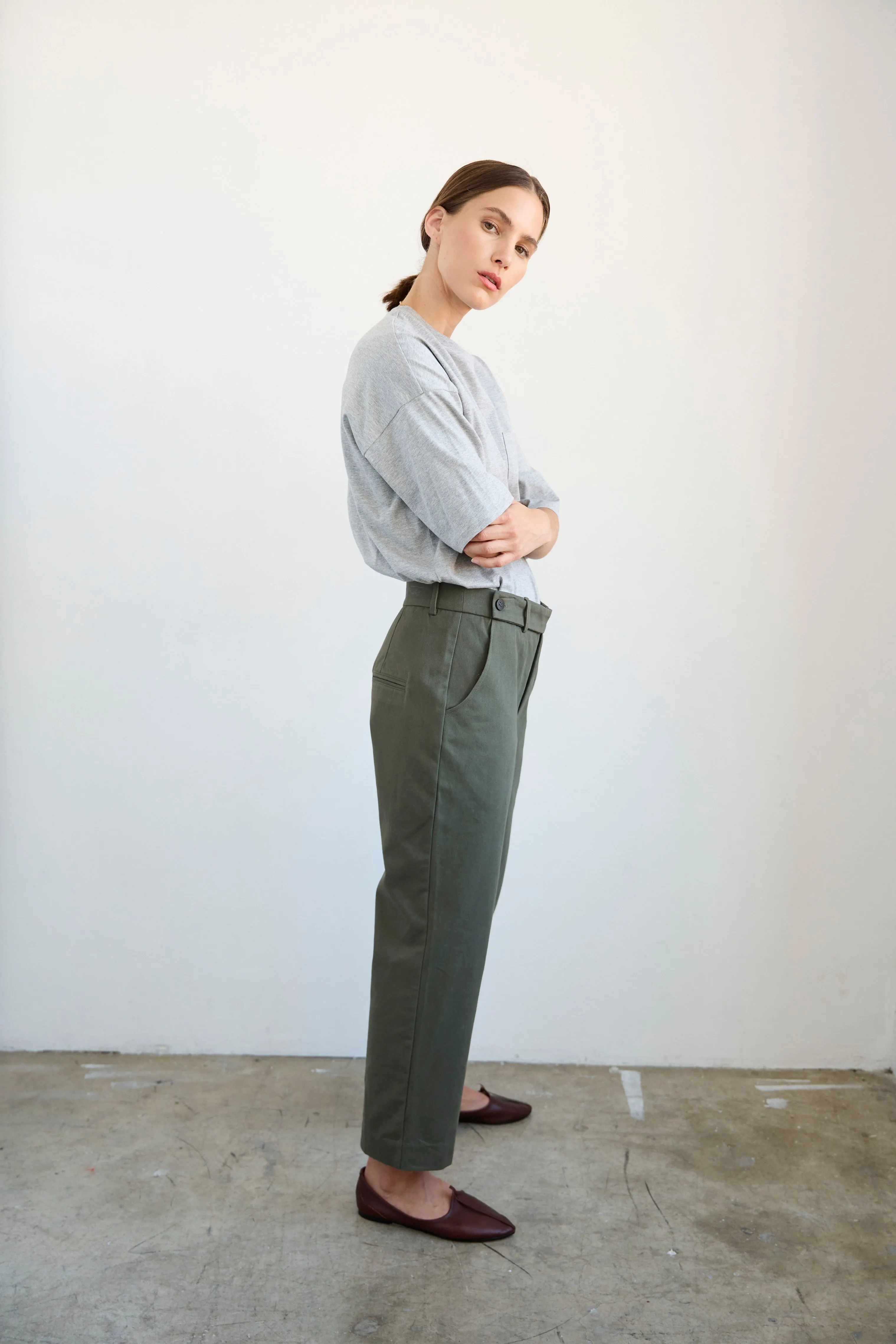 The Waist Tape Trouser in Olive sold by Jamie Haller