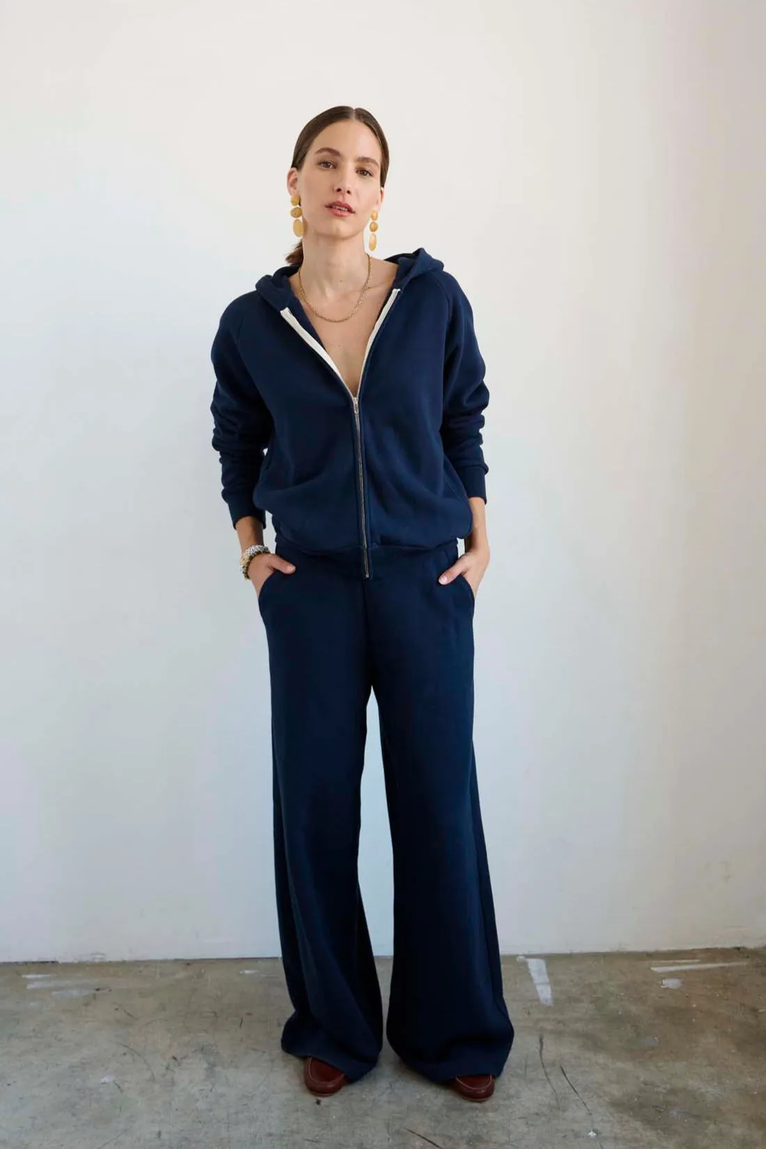 The Wide Leg Terry Trouser in Navy sold by Jamie Haller