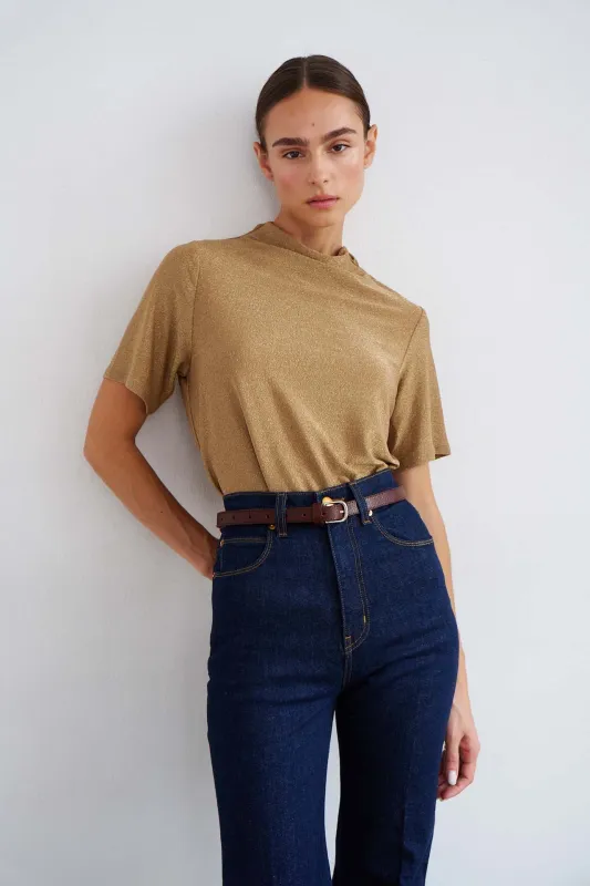 The Cowl Tee in Gold Lame sold by Jamie Haller
