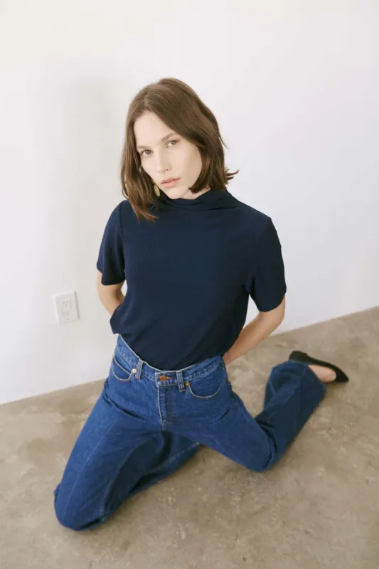 The Cowl Tee in Blue Lame sold by Jamie Haller