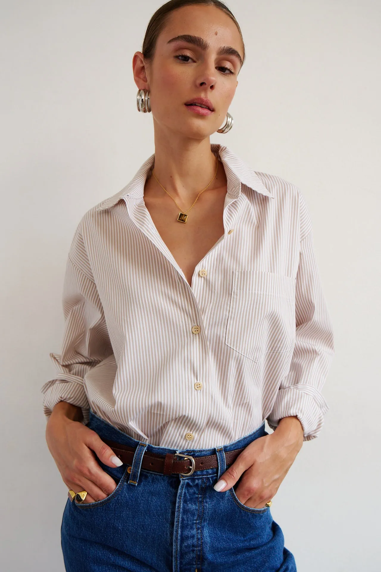 The Weekend Shirt in Tan Stripe sold by Jamie Haller
