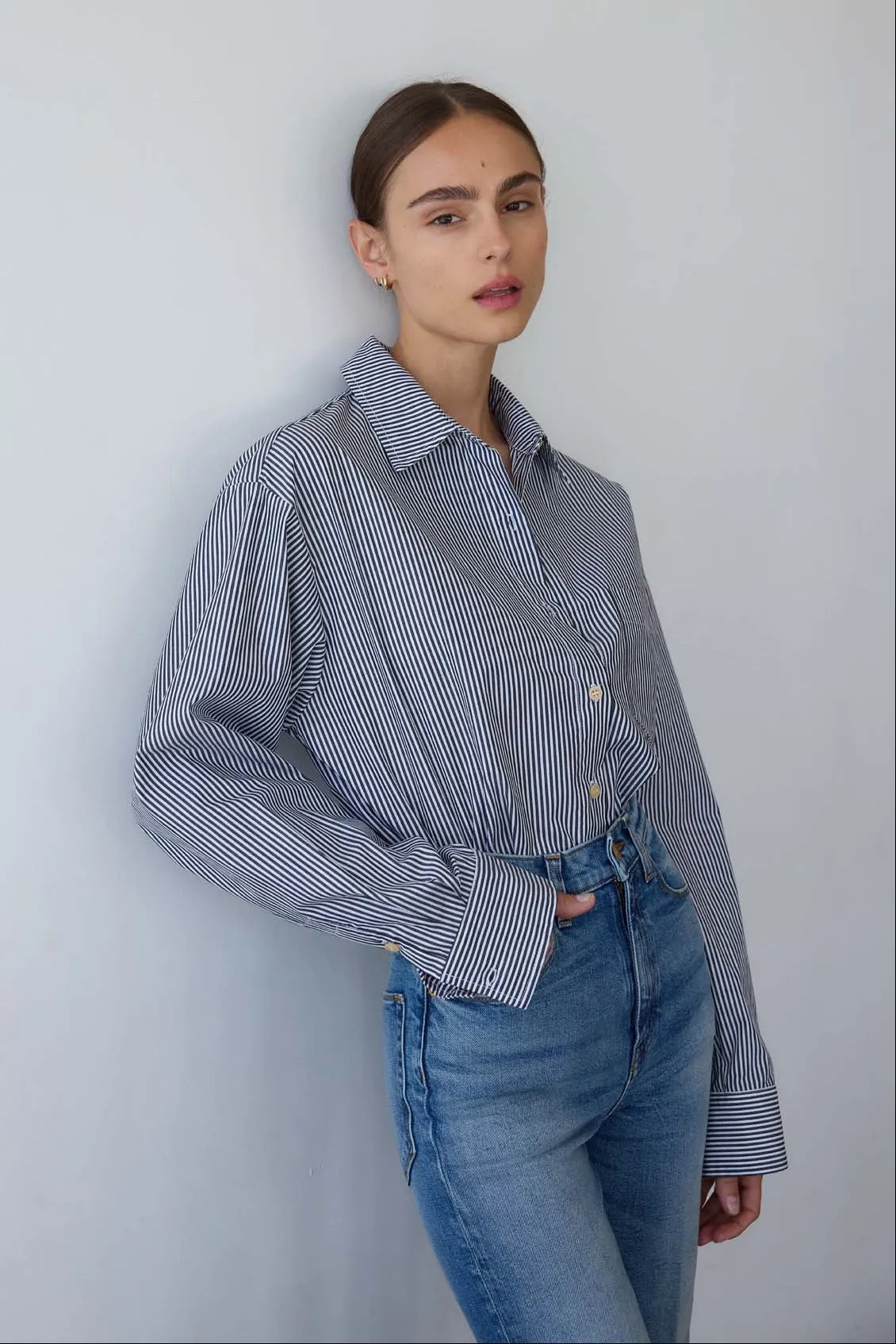 The Weekend Shirt in Black Stripe sold by Jamie Haller