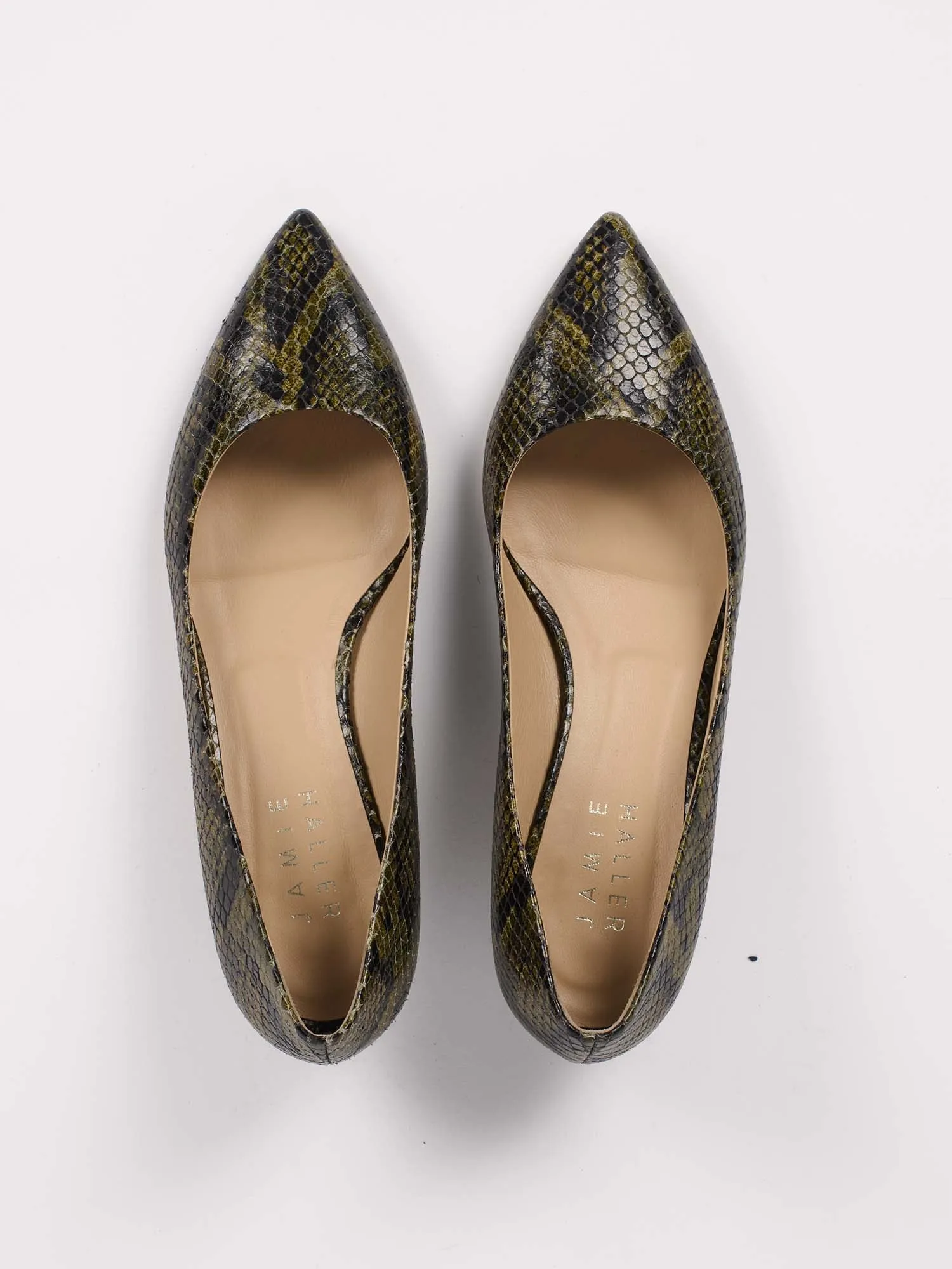 The Kitty Point Heel in Olive Snake sold by Jamie Haller