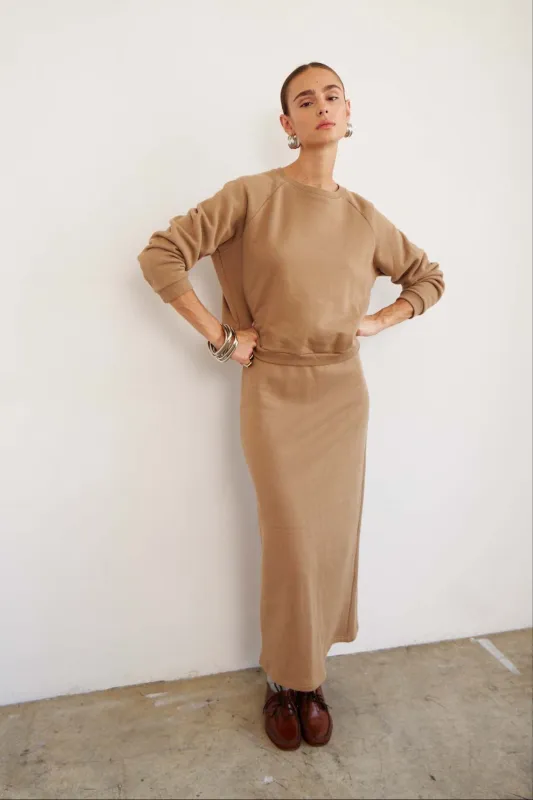 The Sweatshirt Skirt in Camel sold by Jamie Haller