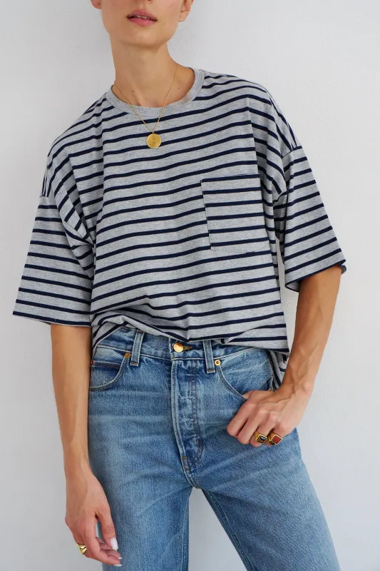 The Boxy Tee in Heather Navy Stripe sold by Jamie Haller