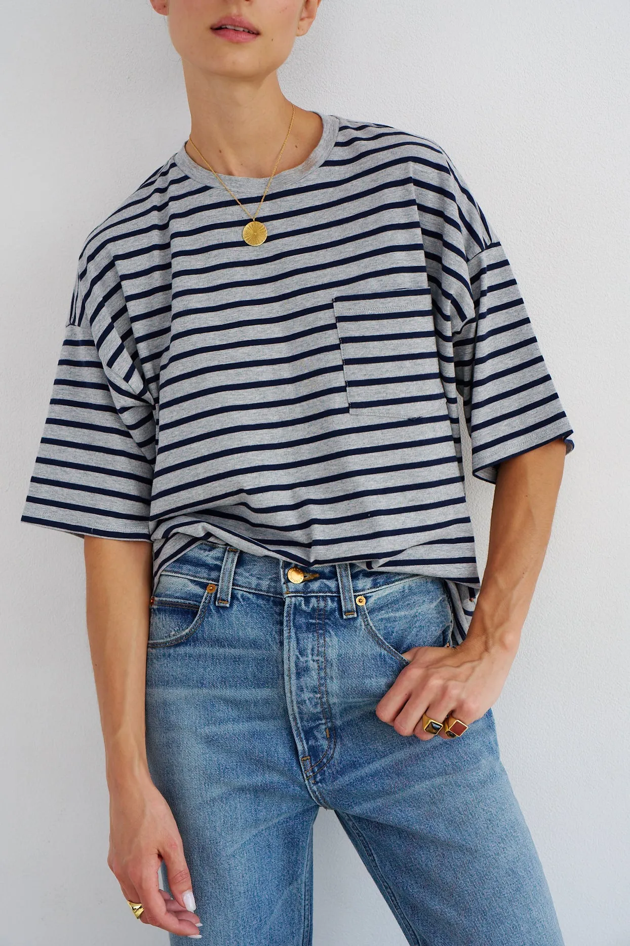 The Boxy Tee in Heather Navy Stripe sold by Jamie Haller