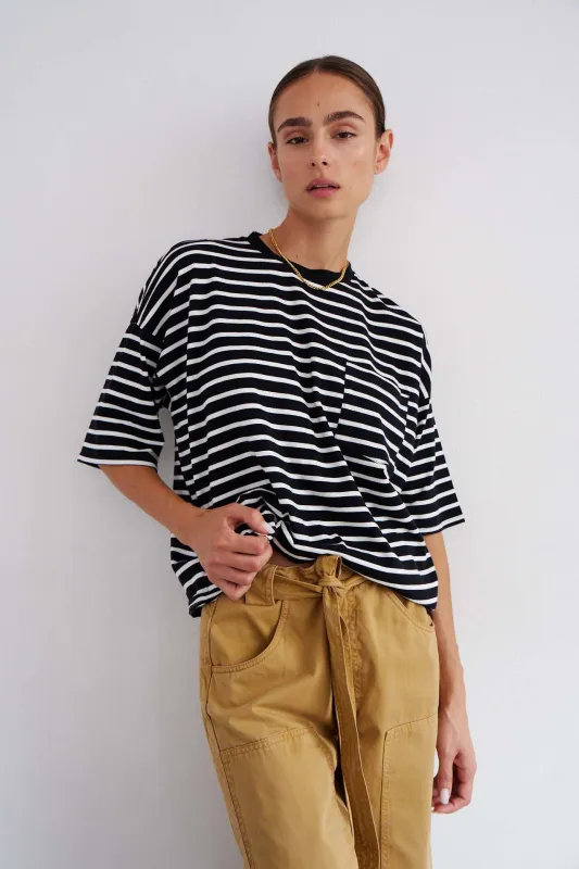 The Boxy Tee in Black White Stripe sold by Jamie Haller