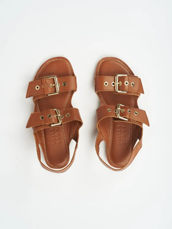 The Double Buckle Sandal in Cognac sold by Jamie Haller