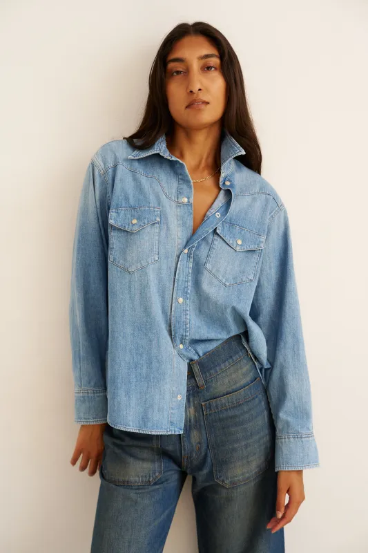 The Loretta Western Shirt in Timeworn Indigo made by Jamie Haller