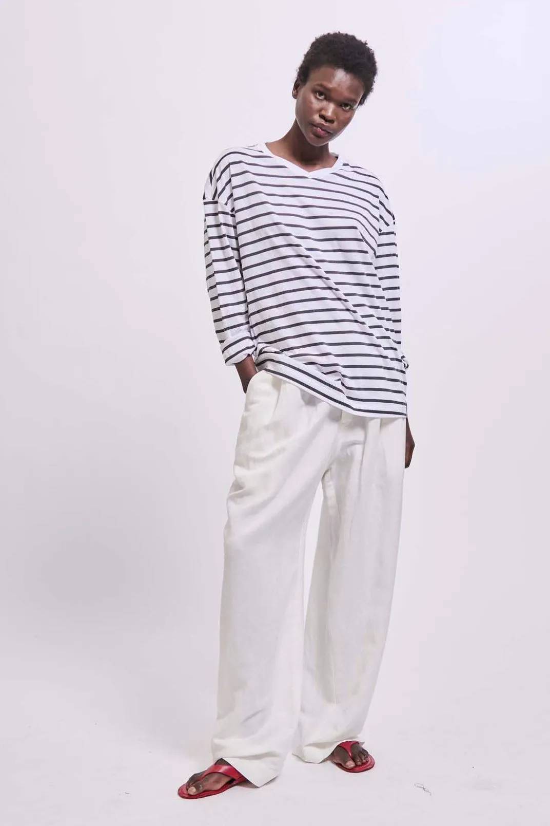 The High V Tee in White Stripe sold by Jamie Haller