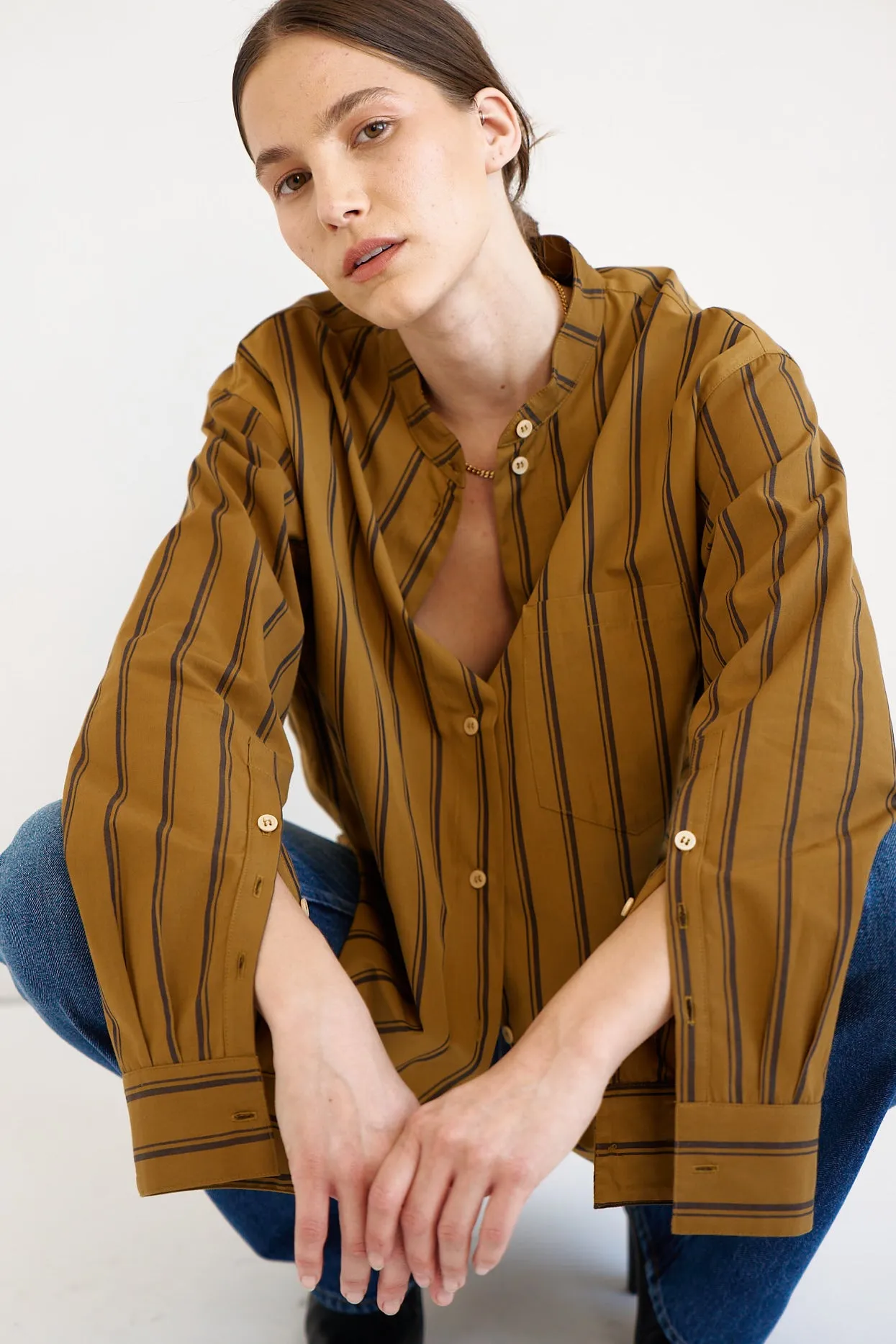 The Editor Shirt in Goldenrod Stripe sold by Jamie Haller