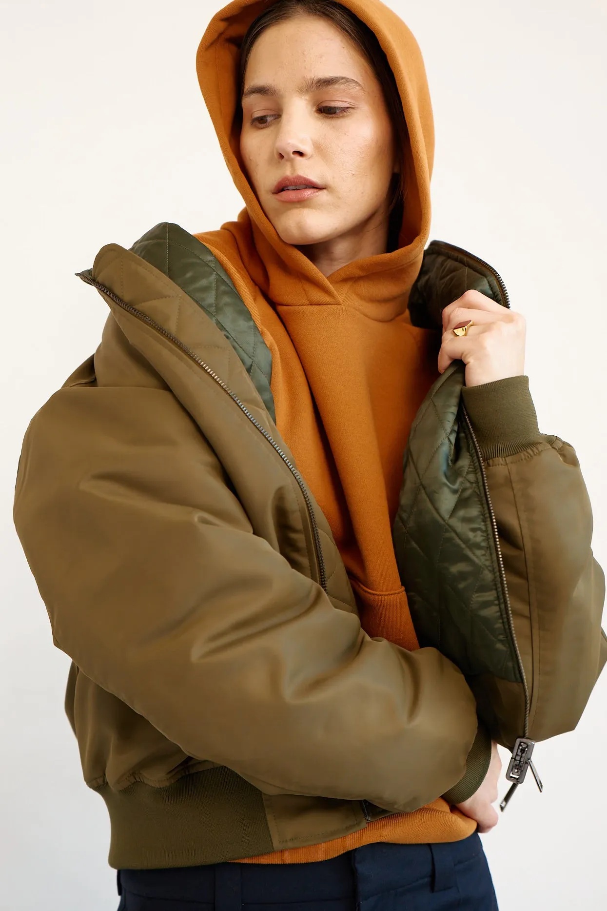 The Reversible Bomber in Olive sold by Jamie Haller