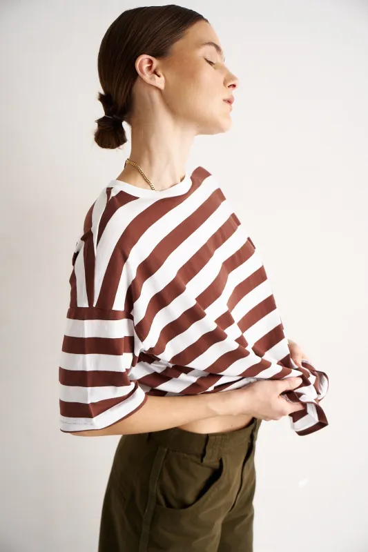 The Draped Tee in Brown Rugby Stripes made by Jamie Haller