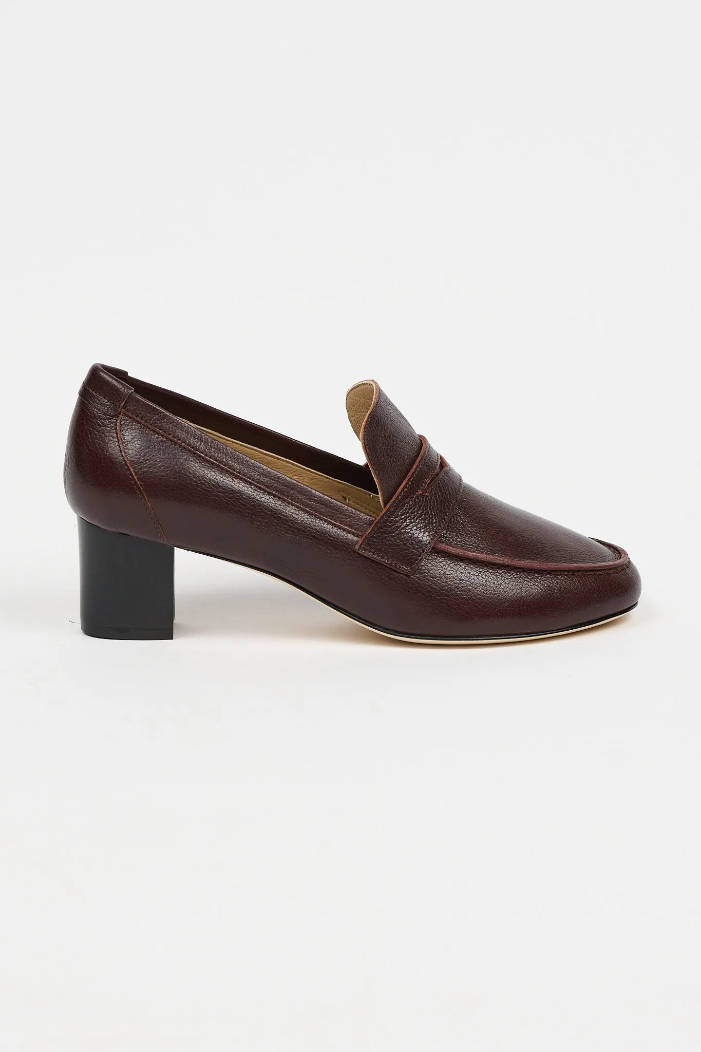 The Heeled Penny Loafer in Oxblood sold by Jamie Haller