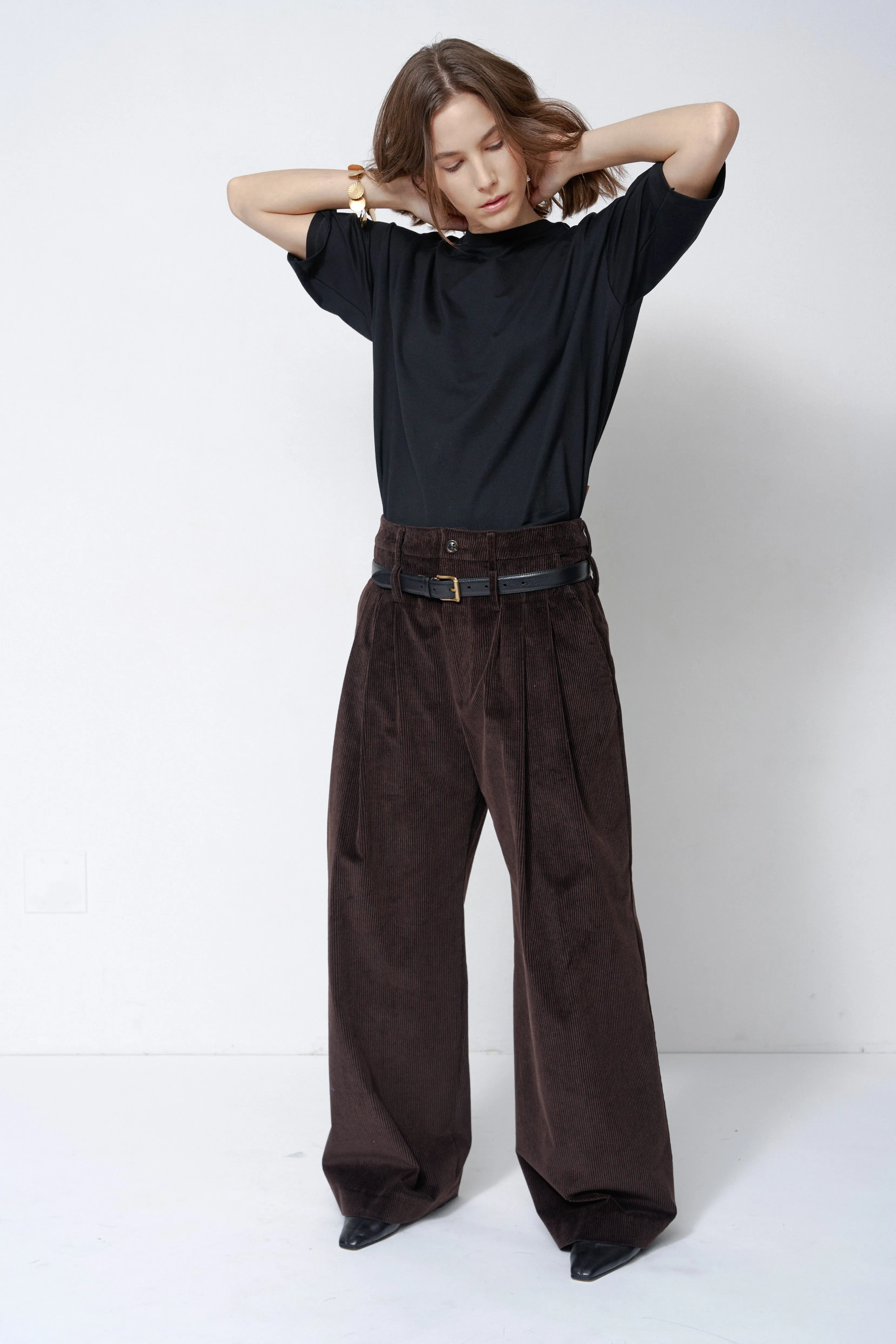 The Triple Pleat Trouser in Cacao sold by Jamie Haller