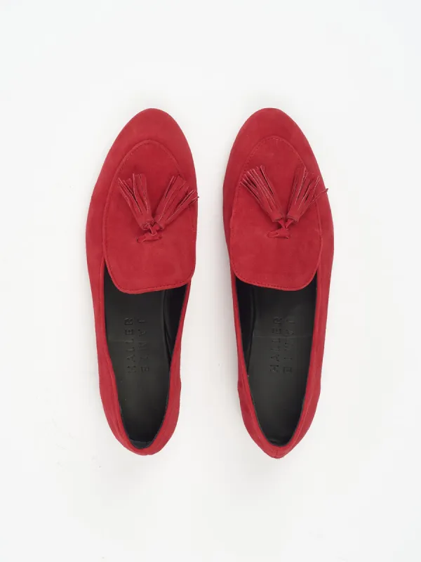 The Belgian Tassel in Ruby Suede sold by Jamie Haller