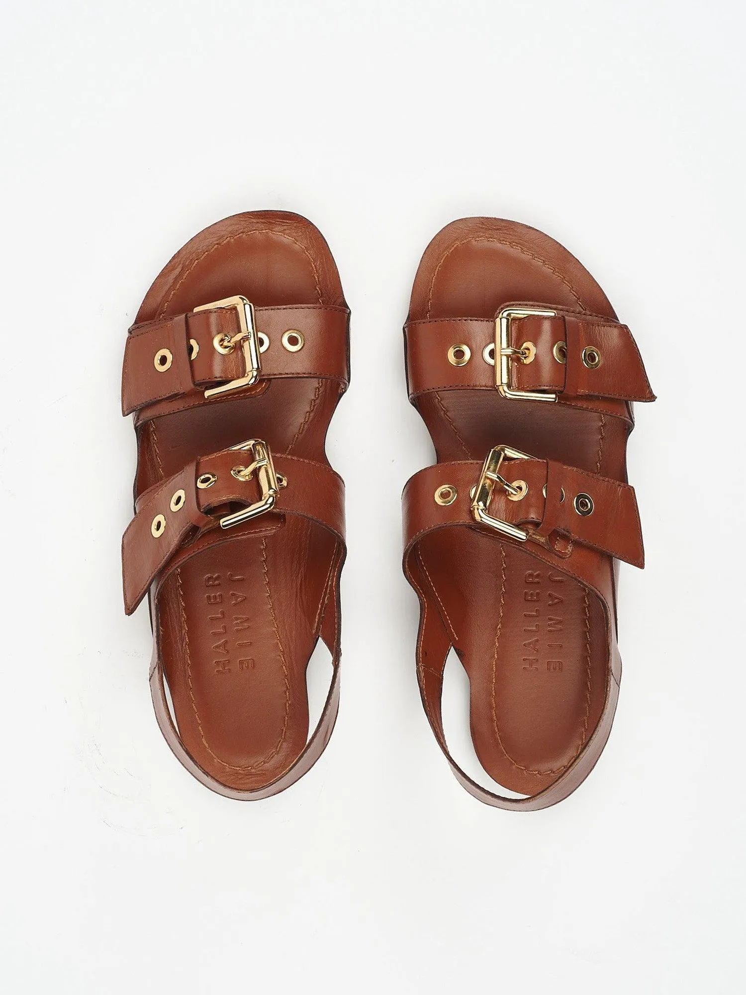 The Double Buckle Sandal in Cognac sold by Jamie Haller