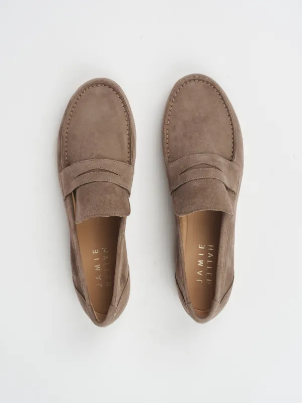 The Penny Loafer in Taupe Suede sold by Jamie Haller