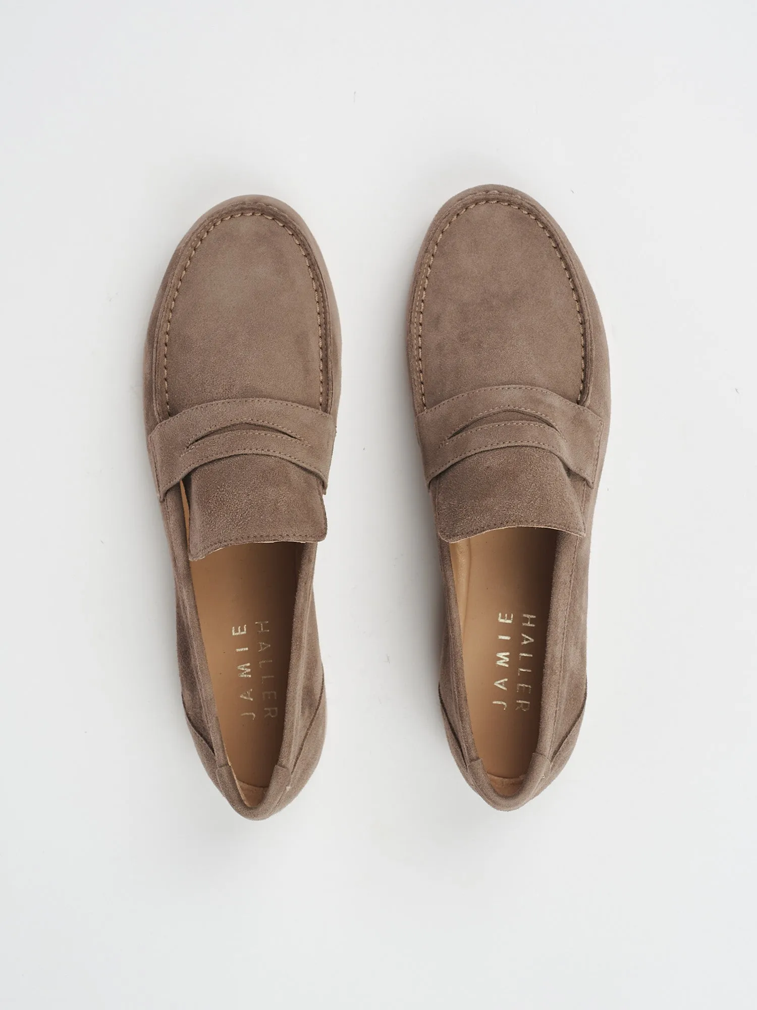 The Penny Loafer in Taupe Suede sold by Jamie Haller