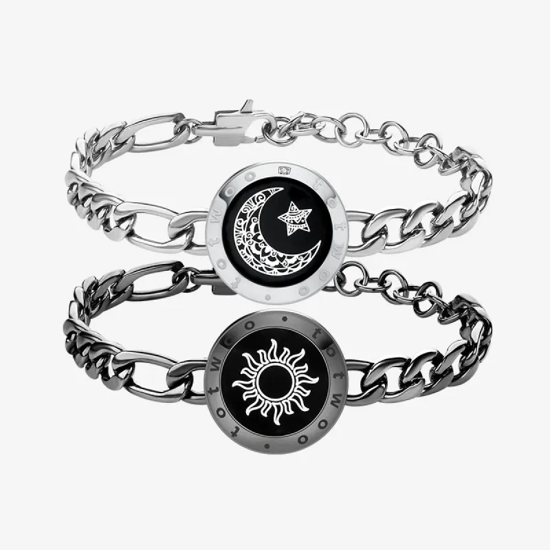 Sun&Moon Touch Bracelets with Figaro Chain (Black+Silver) sold by Totwoo