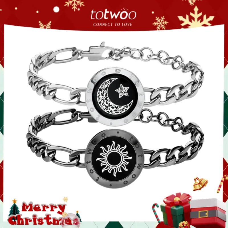 [Connected in Red Gift Packaging] Sun&Moon Touch Bracelets with Figaro Chain (Black+Silver) sold by Totwoo
