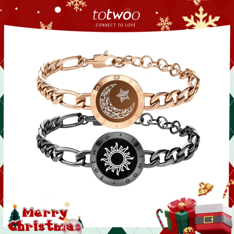 [Connected in Red Gift Packaging] Sun&Moon Touch Bracelets with Figaro Chain (Black+Rose Gold) sold by Totwoo