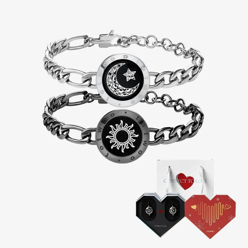 [White Heart Gift Packaging] Sun&Moon Touch Bracelets with Figaro Chain (Black+Silver) sold by Totwoo