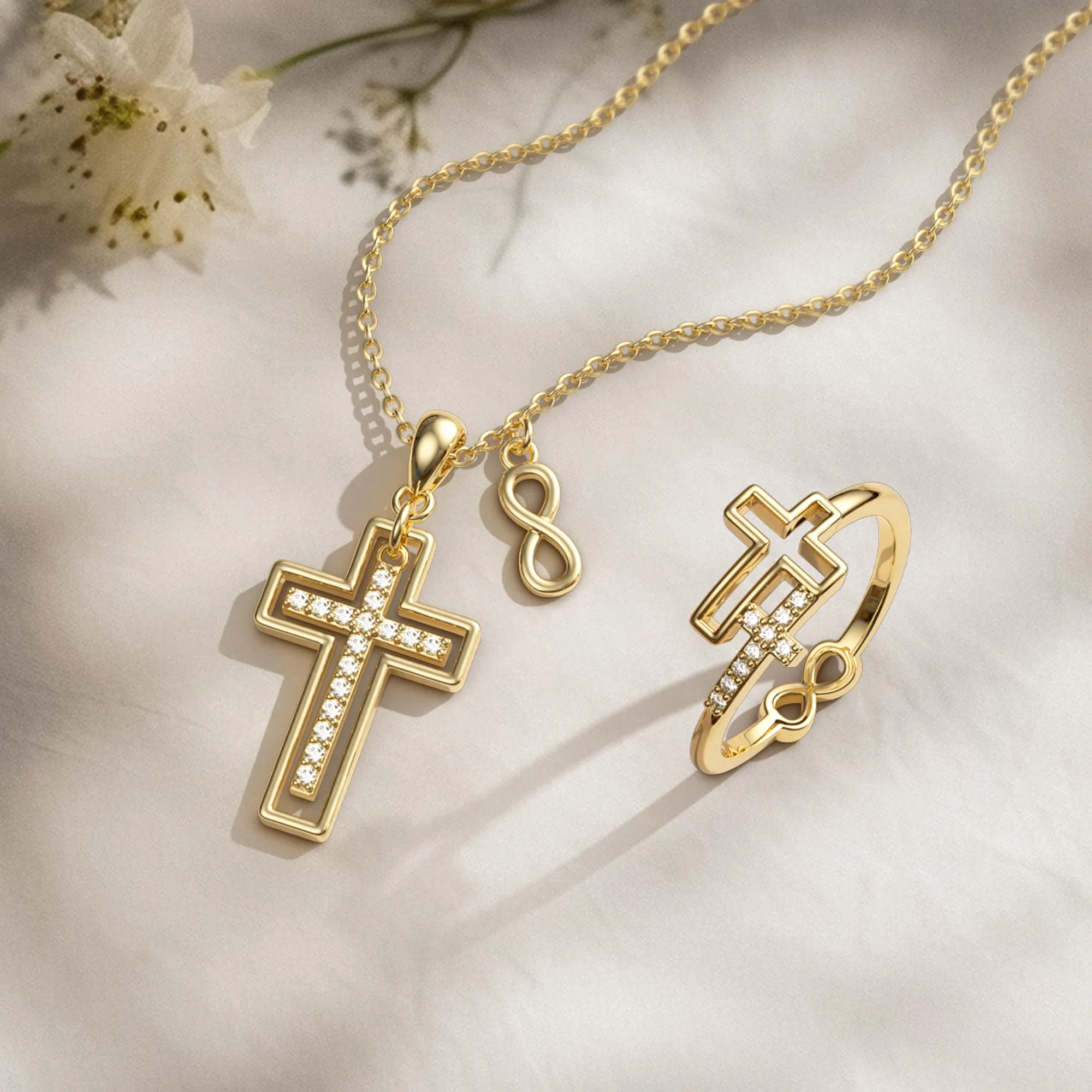 Gold Cutout Double Cross Necklace sold by Vanimy Jewelry product image thumbnail 4