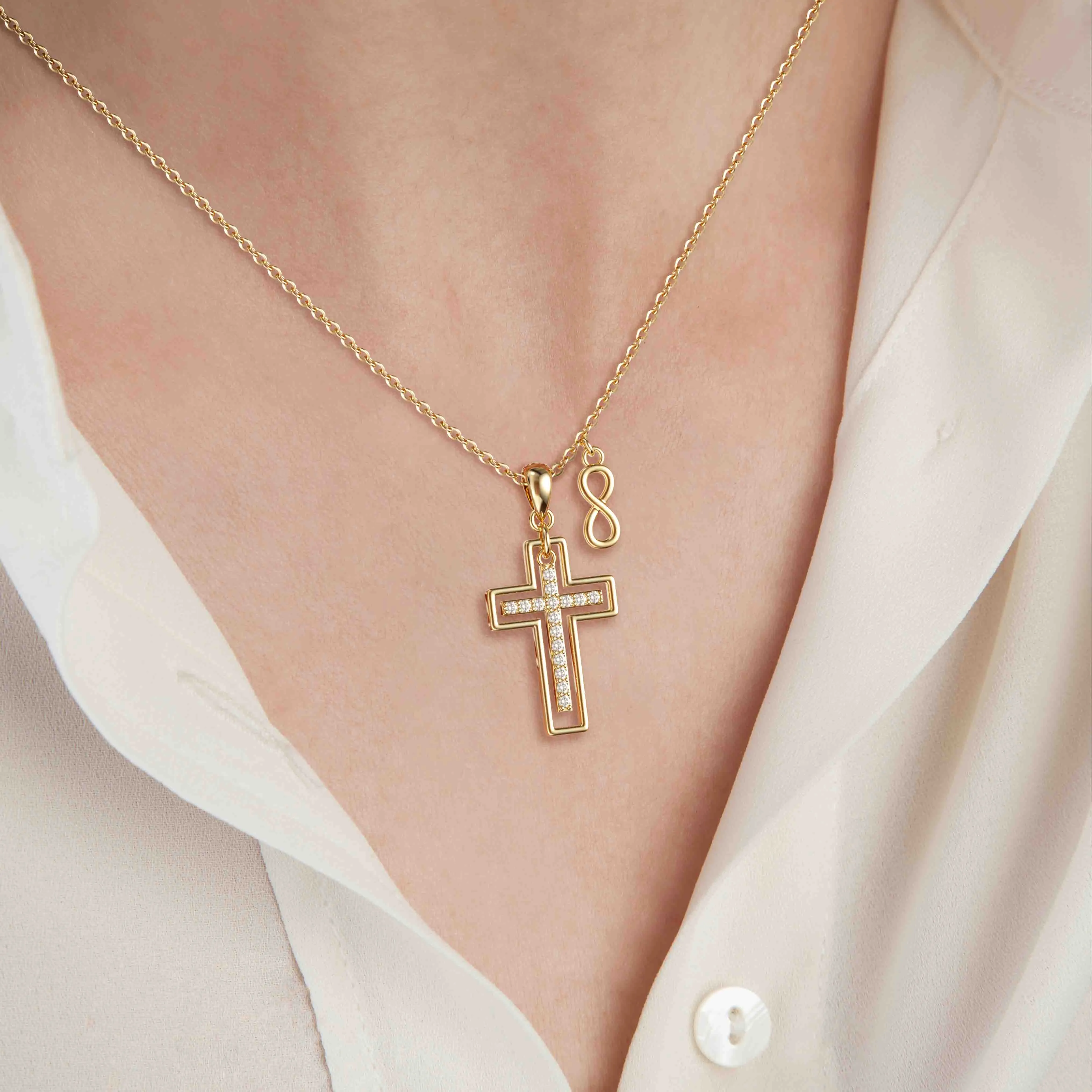 Gold Cutout Double Cross Necklace sold by Vanimy Jewelry product image thumbnail 2