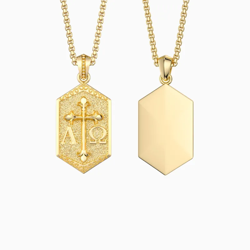 Personalized Hexagonal Alpha Omega Cross Medallion Necklace sold by Vanimy Jewelry