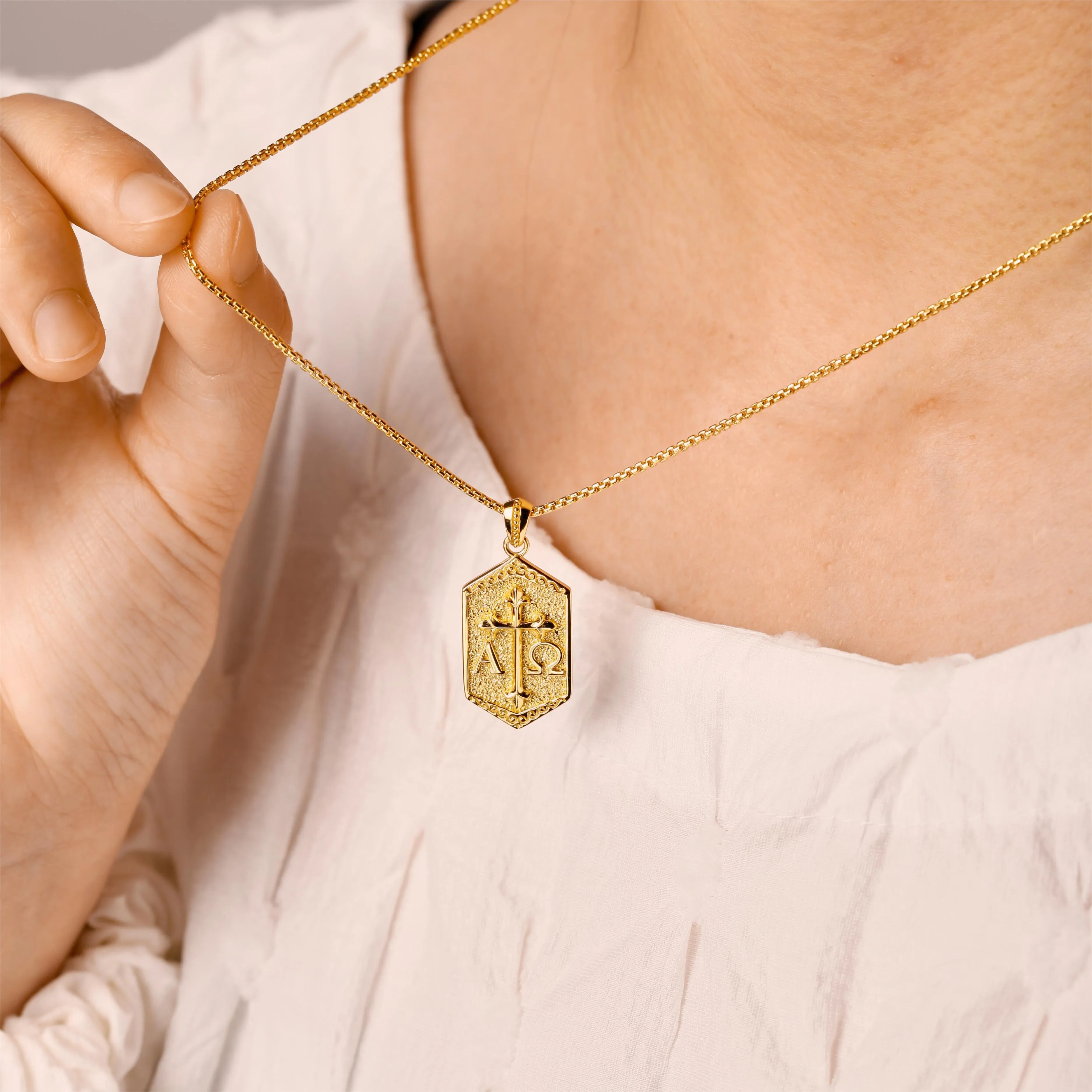 Personalized Hexagonal Alpha Omega Cross Medallion Necklace sold by Vanimy Jewelry product image thumbnail 2