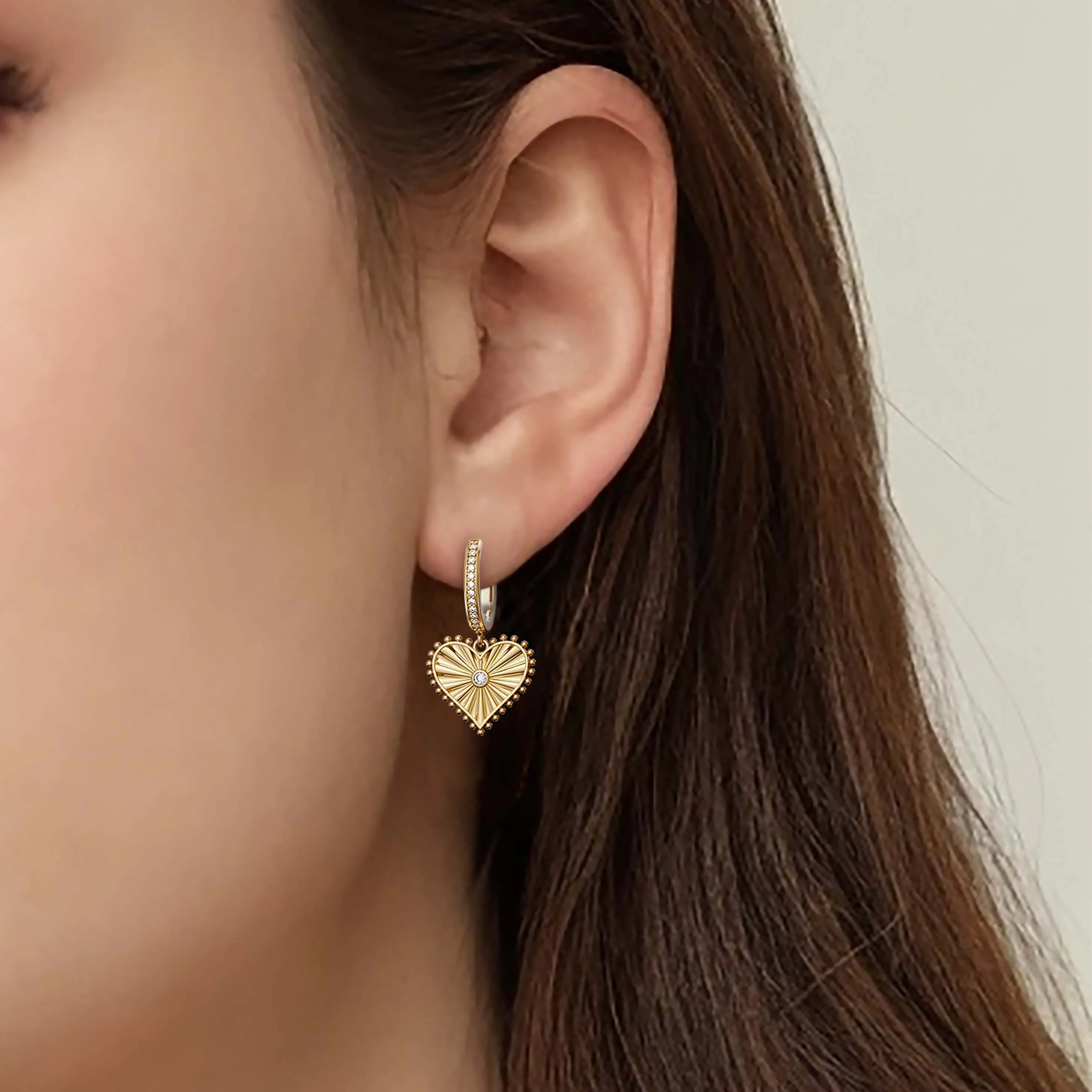 Beaded Heart with Radiating Sunbeam Love Hoop Earrings sold by Vanimy Jewelry product image thumbnail 2