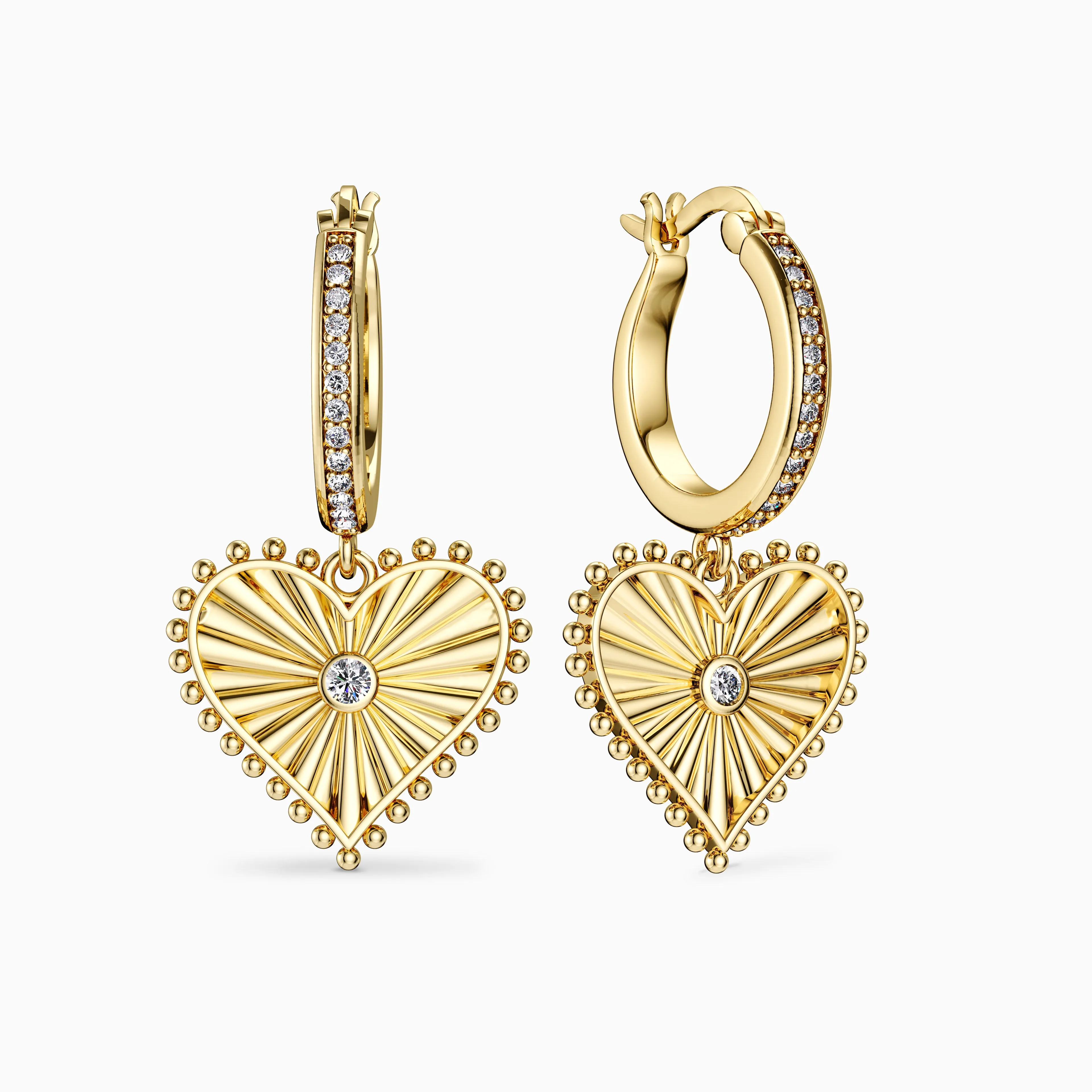 Beaded Heart with Radiating Sunbeam Love Hoop Earrings sold by Vanimy Jewelry