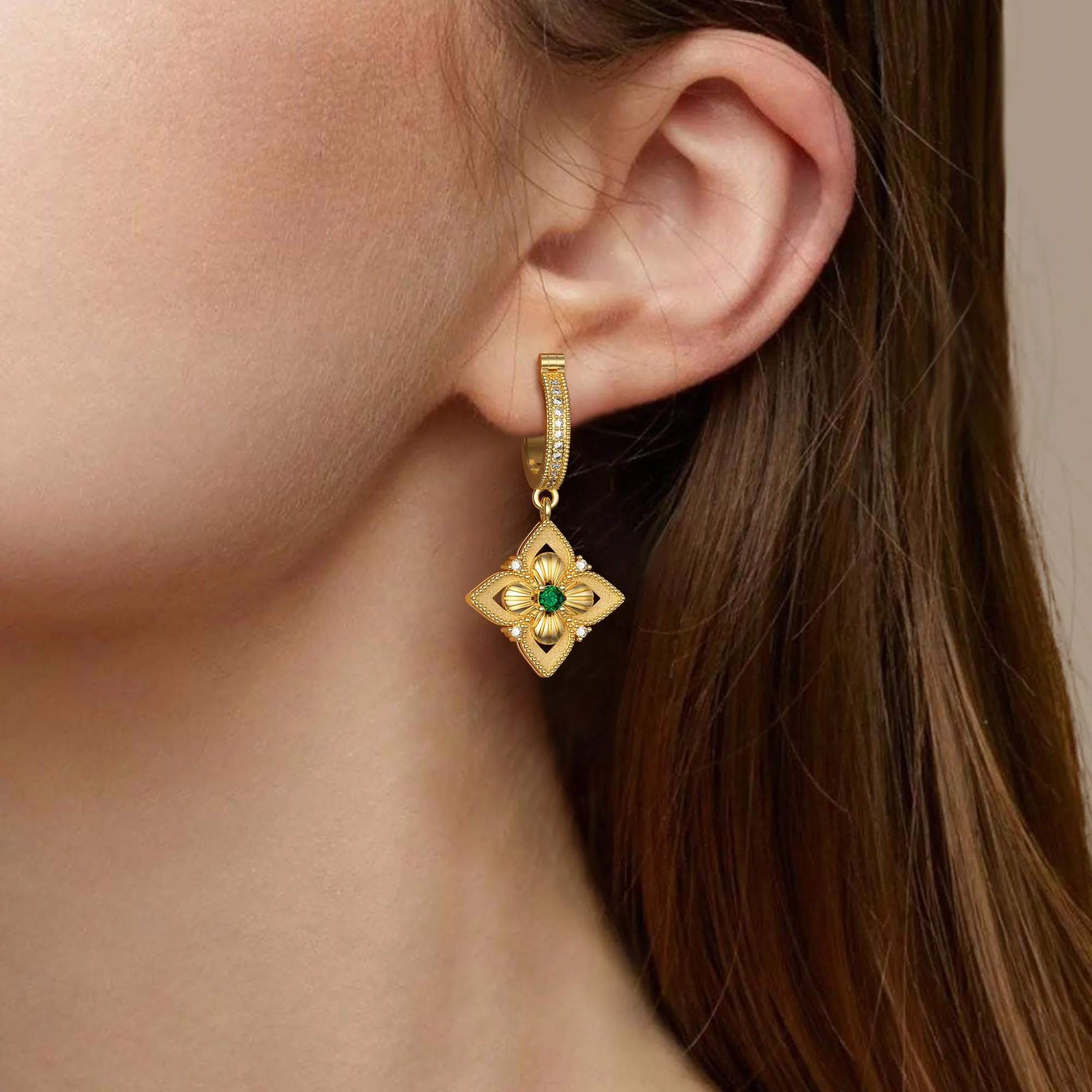 Lucky Radiance Clover Charm Milgrain Hoop Earrings sold by Vanimy Jewelry product image thumbnail 2