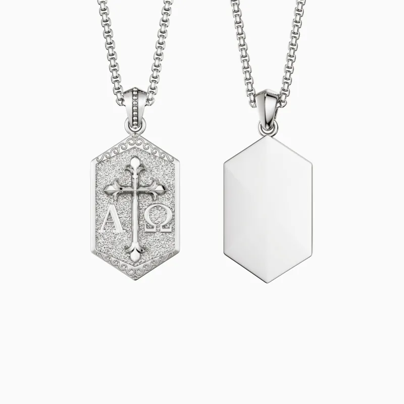 Personalized Hexagonal Alpha Omega Cross Medallion Necklace sold by Vanimy Jewelry