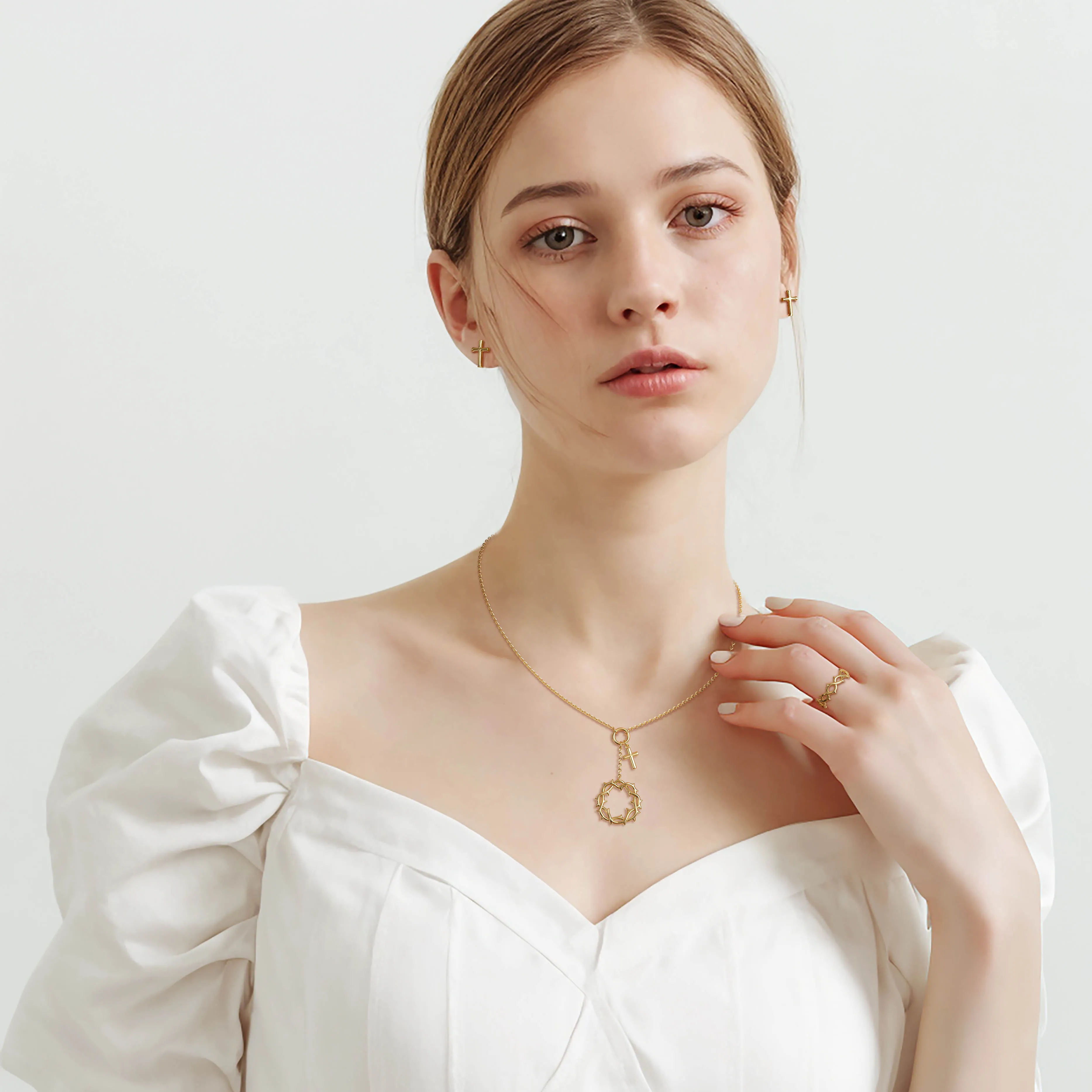 Gold Crown of Thorns Cross Necklace sold by Vanimy Jewelry product image thumbnail 3