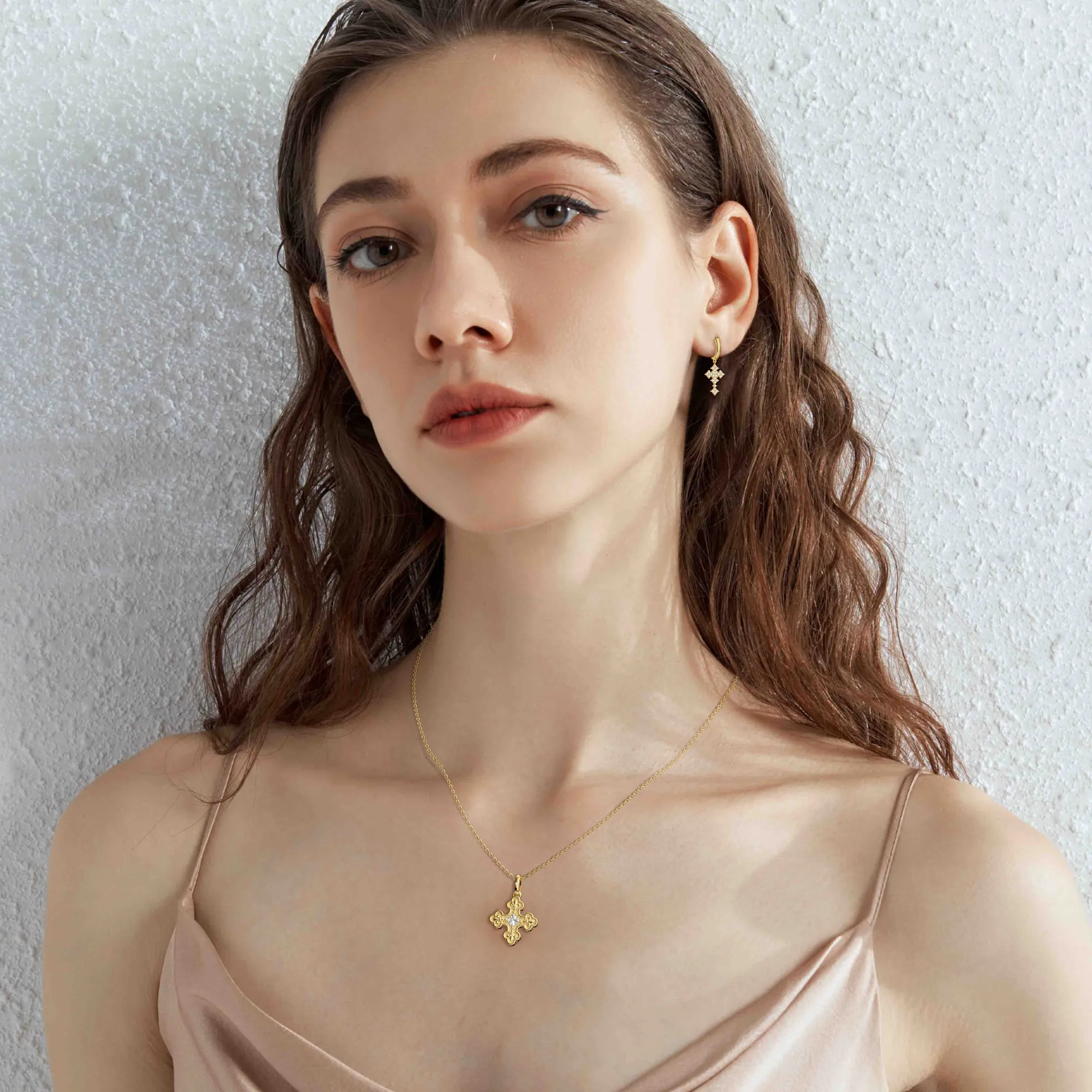 Fortuna Clover Cross Huggie Hoop Earrings sold by Vanimy Jewelry product image thumbnail 4