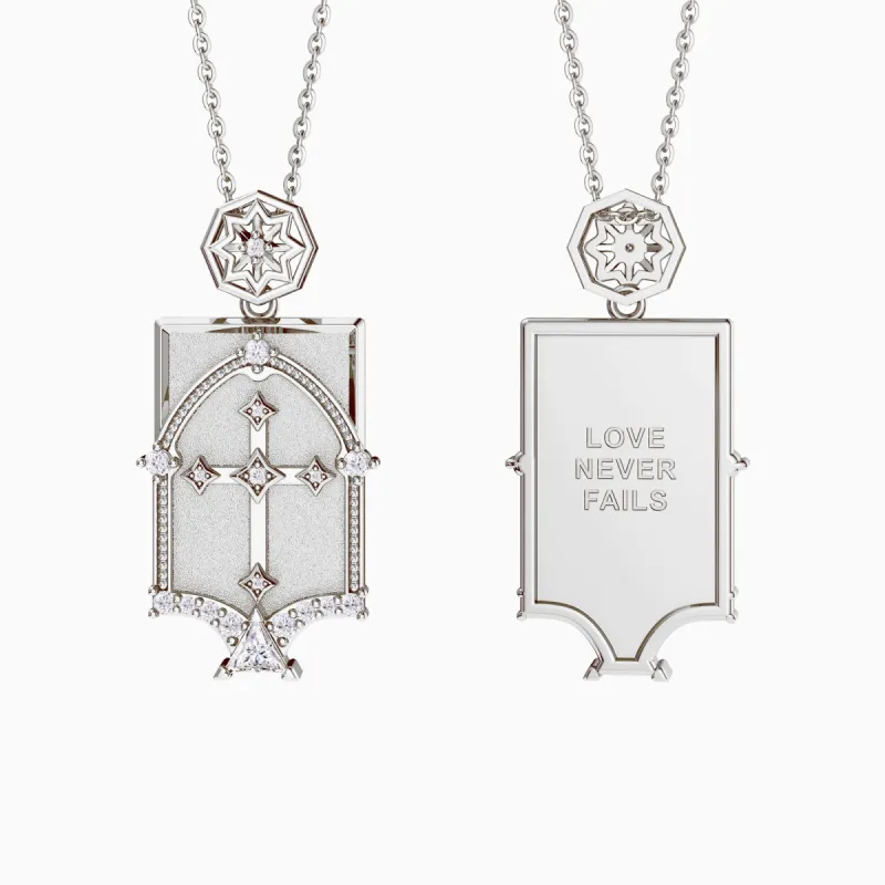 Love Never Fails Cross Dome Pendant Engraved Necklace sold by Vanimy Jewelry
